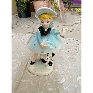 Girl in Blue Figurine with Black and White Puppy Made in Japan